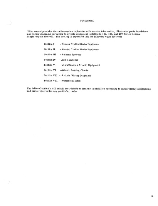 Cessna Avionic Installations Models 180/185/207 Series 1974-75 Service/ Parts Manual