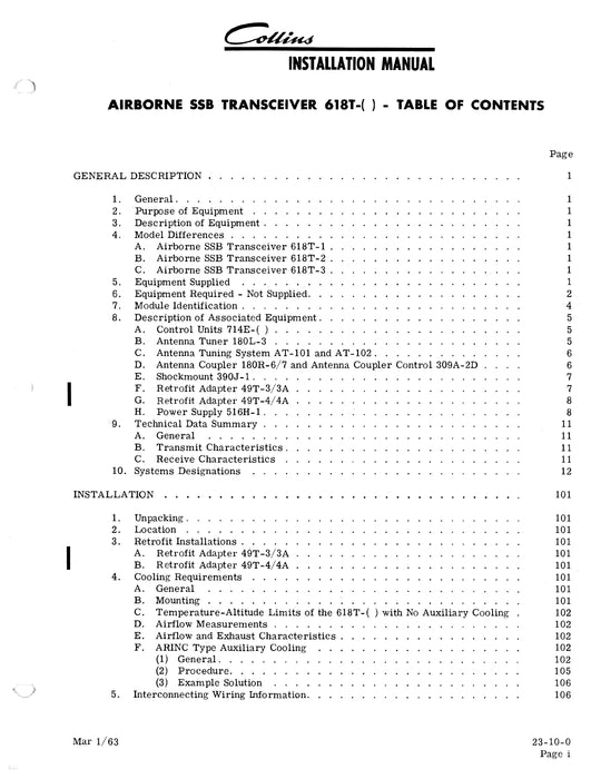 Collins Airborne SSB Transceivers 618T-1, 618T-2, 618T-3 Installation Manual 520-5970006-201116