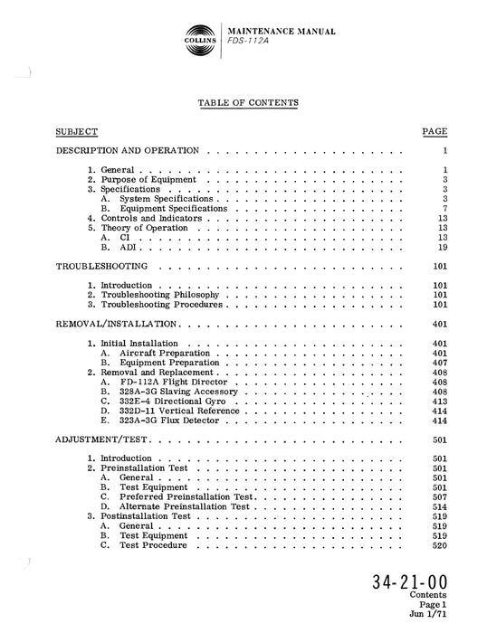 Collins FDS-112A Flight Director System Maintenance Manual with Installation Data 523-0763801-101114