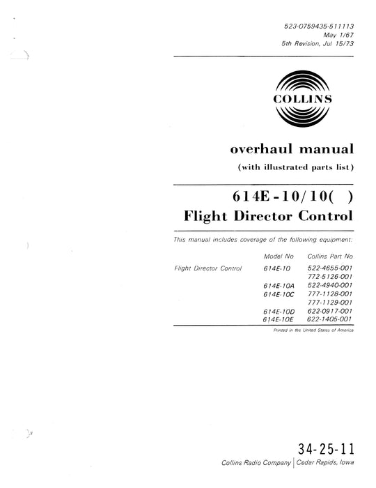 Collins 614E-10/10( ) Flight Director Control Overhaul Manual with Parts List 523-0759435-511113