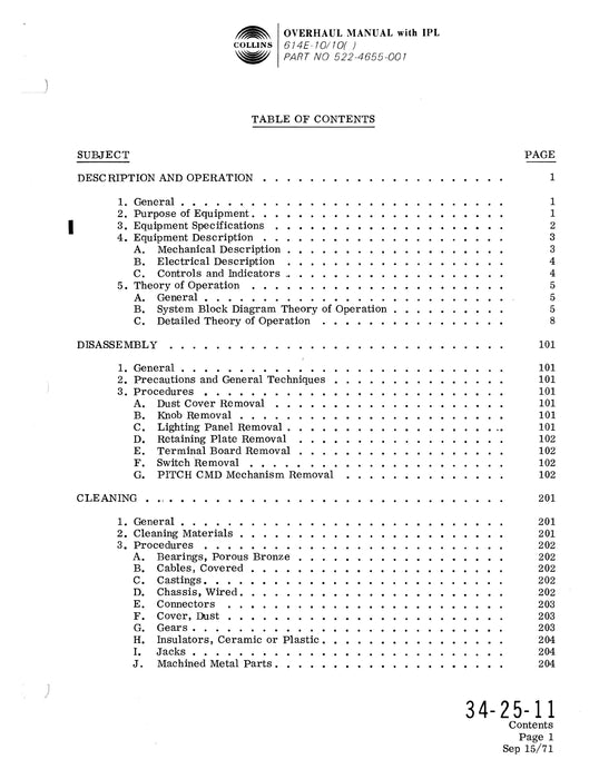 Collins 614E-10/10( ) Flight Director Control Overhaul Manual with Parts List 523-0759435-511113