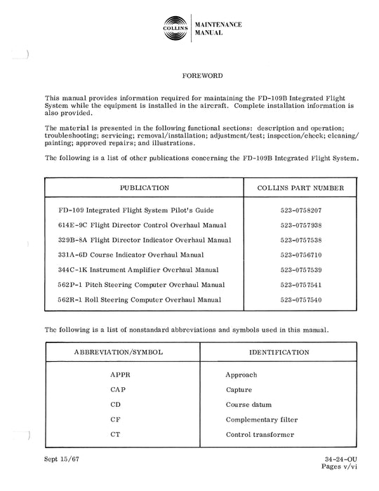 Collins FD-109B Integrated Flight System Maintenance Manual With Installation Data 523-0759658-001114