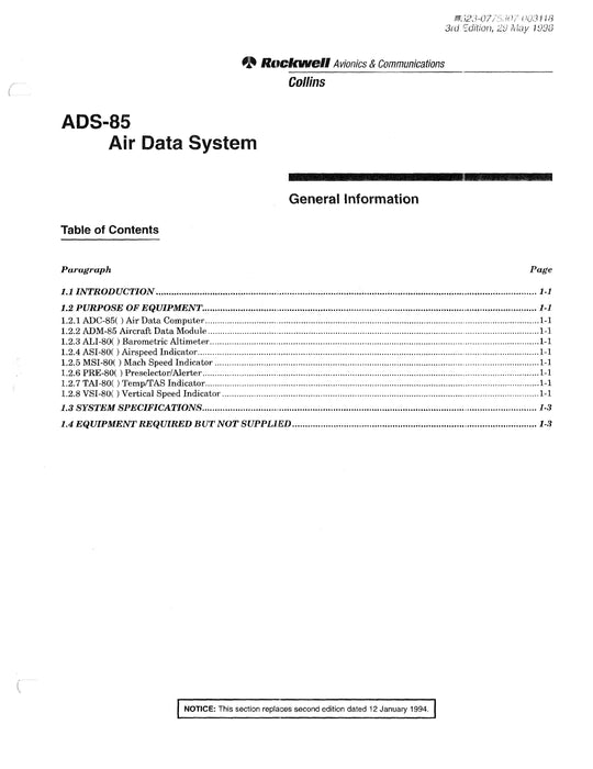 Collins ADS-85 Air Data System Installation Manual 523-0775306-00311A