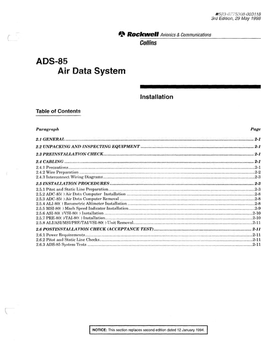 Collins ADS-85 Air Data System Installation Manual 523-0775306-00311A