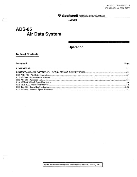 Collins ADS-85 Air Data System Installation Manual 523-0775306-00311A