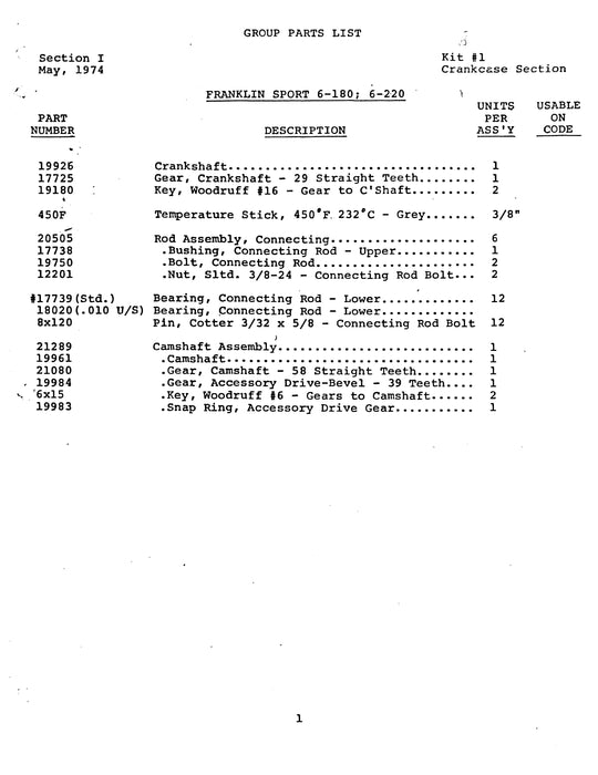 Franklin Sport 6-180 & Sport 6-220 Parts Catalog Not Illustrated