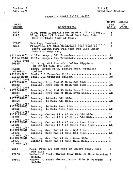 Franklin Sport 6-180 & Sport 6-220 Parts Catalog Not Illustrated