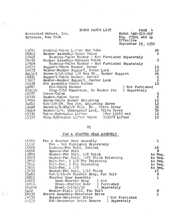 Franklin 6A8-215-B9F Aircraft Engine Service Parts List Not Illustrated