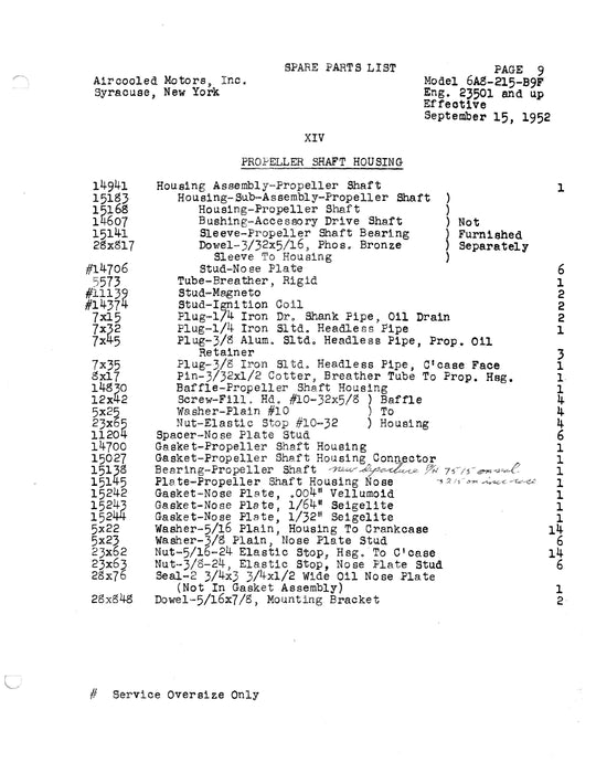 Franklin 6A8-215-B9F Aircraft Engine Service Parts List Not Illustrated