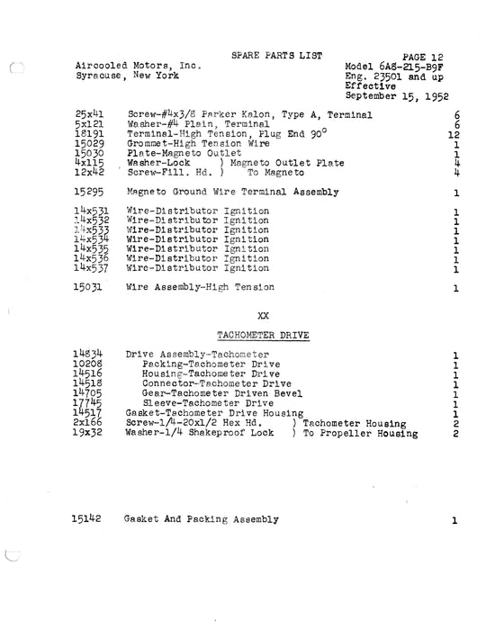 Franklin 6A8-215-B9F Aircraft Engine Service Parts List Not Illustrated