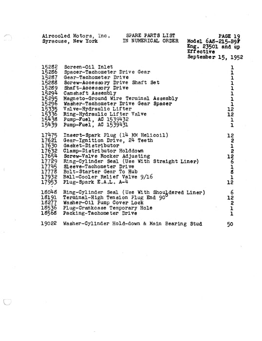 Franklin 6A8-215-B9F Aircraft Engine Service Parts List Not Illustrated