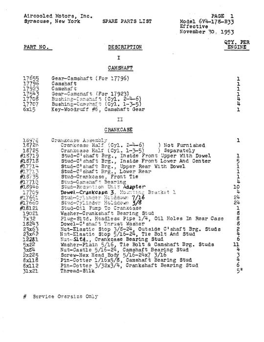 Franklin Aircraft Engines 6V4-178-B33 Service Parts List Not Illustrated