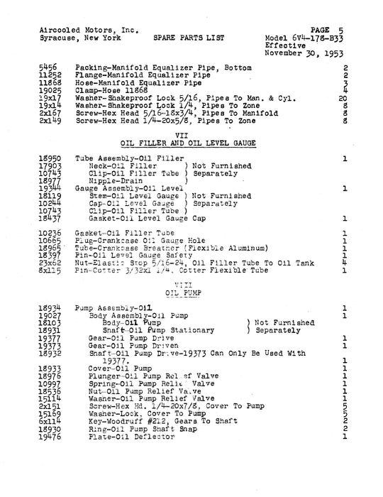 Franklin Aircraft Engines 6V4-178-B33 Service Parts List Not Illustrated