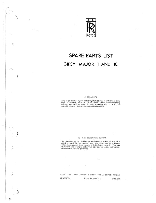 Rolls Royce Gipsy Major 1 and 10 Spare Parts Catalog