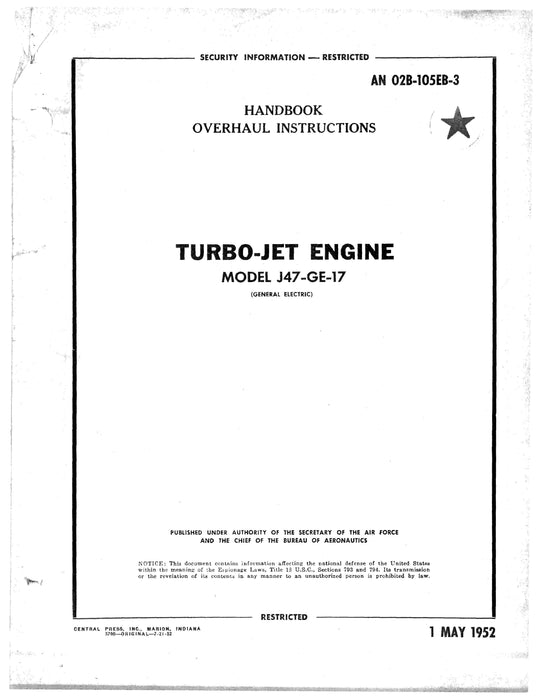 General Electric J47-GE-17 Turbo-Jet Engine Overhaul Instructions AN 02B-105EB-3