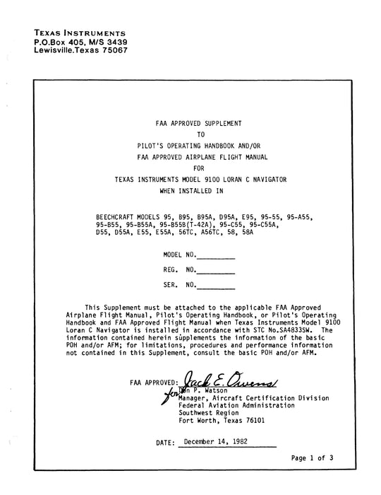 Texas Instruments TI 9100 Loran C Navigation System Installation Data for Beechcraft Baron 55/56/58 Series