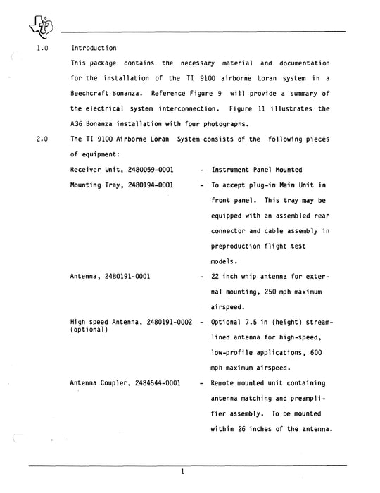 Texas Instruments TI 9100 Loran C Navigation System Installation Data for Beechcraft Bonanza 33/35/36 Series
