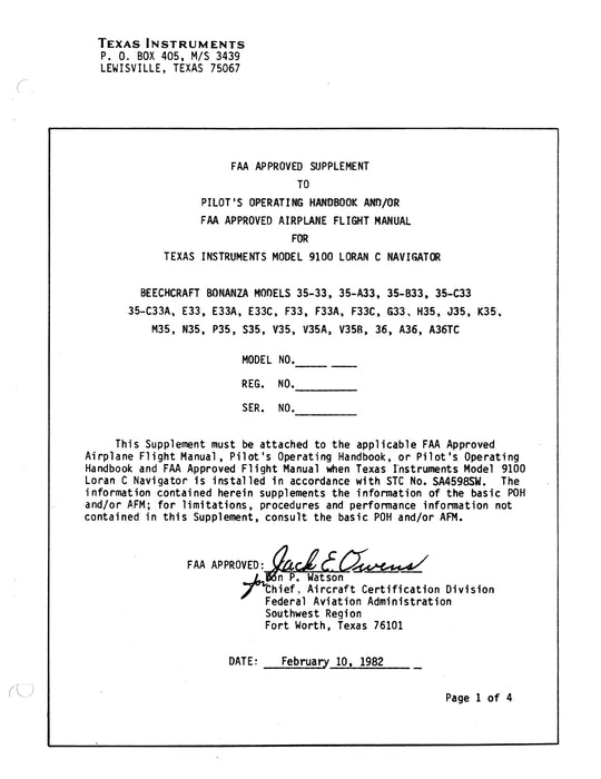 Texas Instruments TI 9100 Loran C Navigation System Installation Data for Beechcraft Bonanza 33/35/36 Series