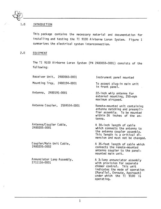 Texas Instruments TI 9100 Loran C Navigation System Installation Data for Cessna 310 Series