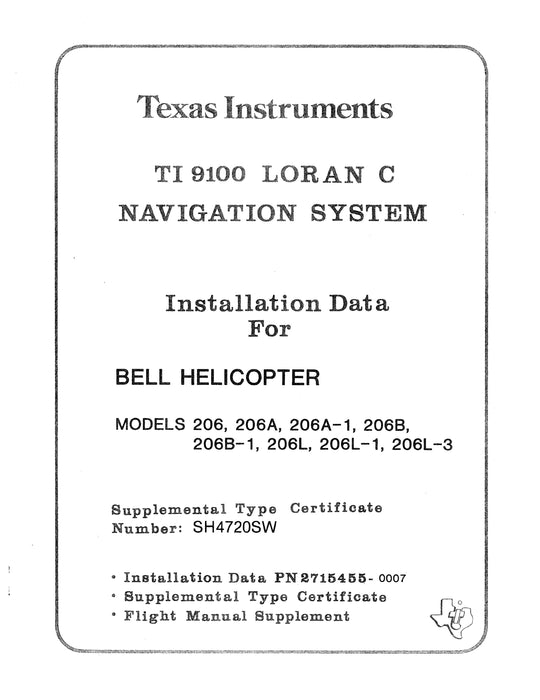 Texas Instruments TI 9100 Loran C Navigation System Installation Data for Bell Helicopter 206 Series