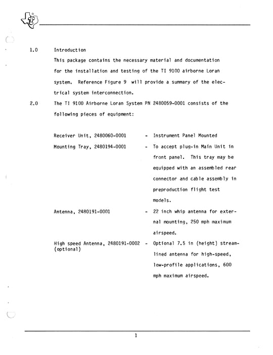 Texas Instruments TI 9100 Loran C Navigation System Installation Data for Bell Helicopter 206 Series