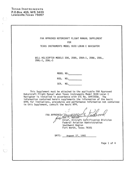 Texas Instruments TI 9100 Loran C Navigation System Installation Data for Bell Helicopter 206 Series