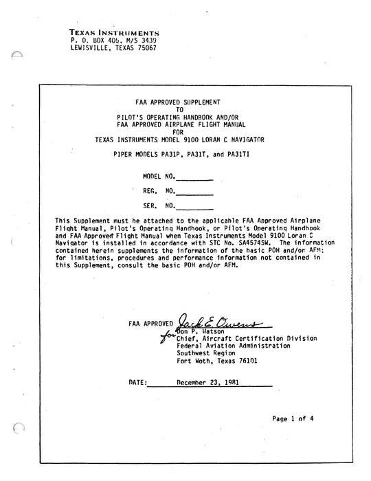 Texas Instruments TI 9100 Loran C Navigation System Installation Data for Piper PA31 Series