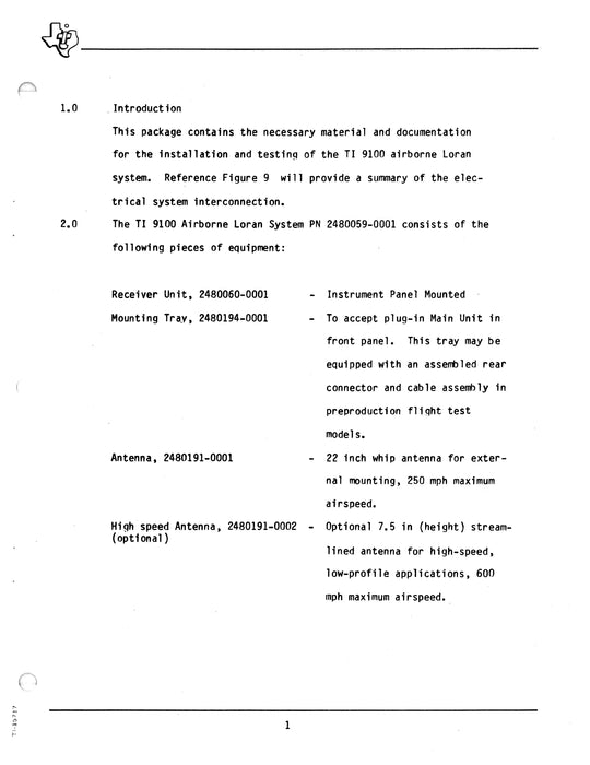 Texas Instruments TI 9100 Loran C Navigation System Installation Data for Cessna 172 Series