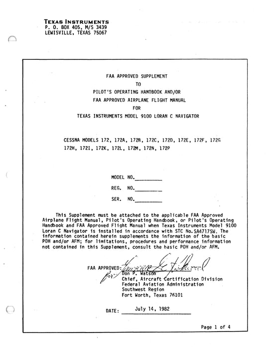 Texas Instruments TI 9100 Loran C Navigation System Installation Data for Cessna 172 Series