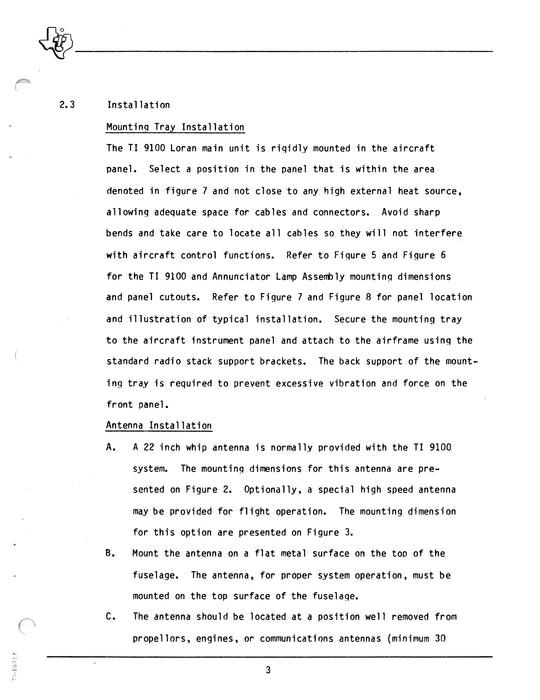 Texas Instruments TI 9100 Loran C Navigation System Installation Data for Cessna 210 Series