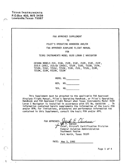 Texas Instruments TI 9100 Loran C Navigation System Installation Data for Cessna 210 Series