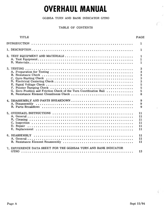 Beechcraft H-14 Autopilot GG205A3, A4 Turn and Bank Gyro Indicator Overhaul Instructions 92-30229