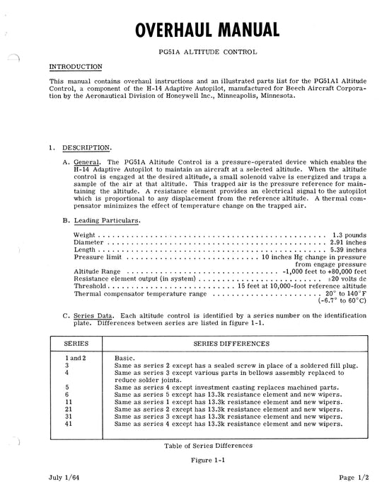 Beechcraft H-14 Autopilot PG51A1 Altitude Control Overhaul Instructions 92-30107A1