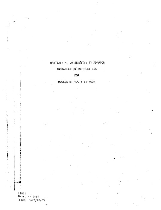 Brittain Industries Hi-Lo Sensitivity Adapter BI-400, 400A Installation Instructions 11961