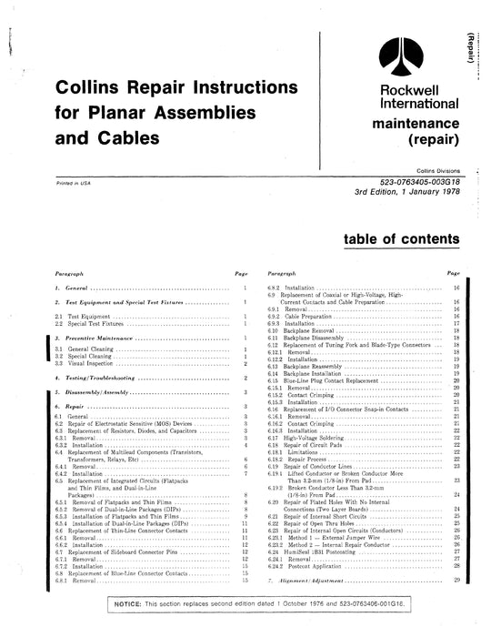 Collins Repair (Maintenance) Instructions for Planar Assemblies and Cables 523-0763405-003G18