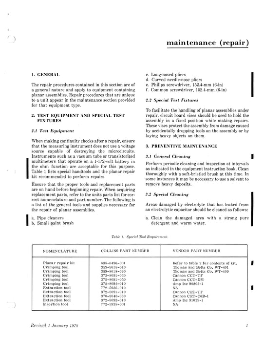 Collins Repair (Maintenance) Instructions for Planar Assemblies and Cables 523-0763405-003G18