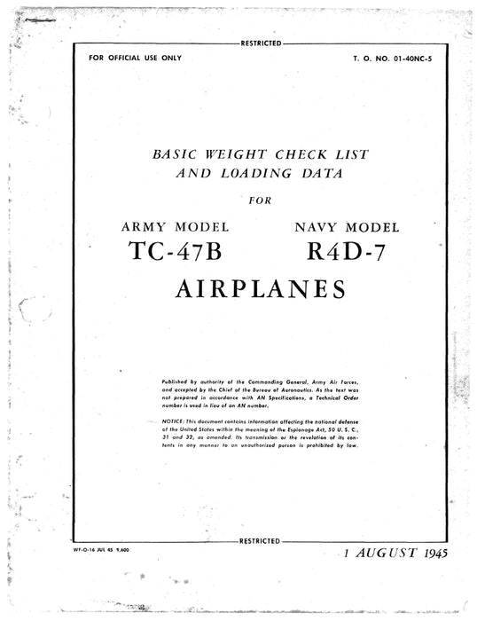 McDonnell Douglas TC-47B, R4D-7 Basic Weight Check List and Loading Data 01-40NC-5