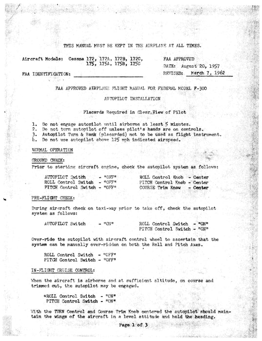 Federal Autopilot Model F-300 Autopilot Installation Flight Manual For Cessna 172, 175