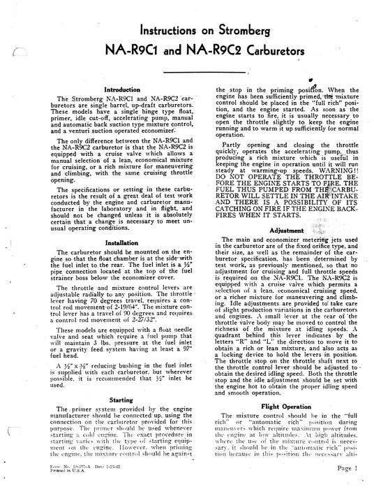 Bendix Stromberg NA-R9C1, C2 Carburetors Instruction Manual 1942 Form 10-297A