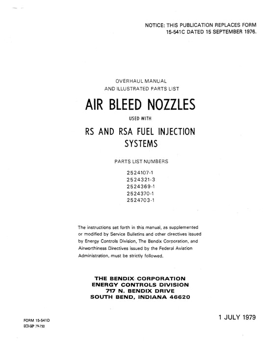 Bendix Air Bleed Nozzles Used With RS & RSA Fuel Injection Systems Overhaul with Parts Form 15-541D