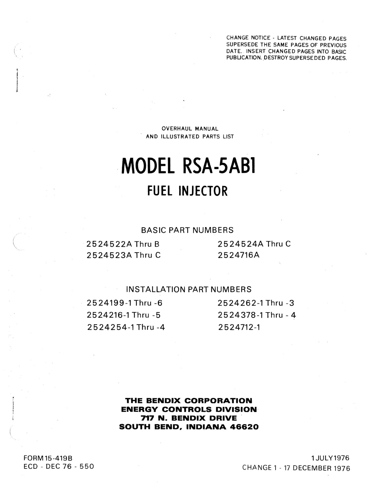 Bendix Model RSA-5AB1 Fuel Injector Overhaul Manual with Illustrated P ...