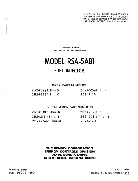 Bendix Model RSA-5AB1 Fuel Injector Overhaul Manual with Illustrated Parts Form 15-419B