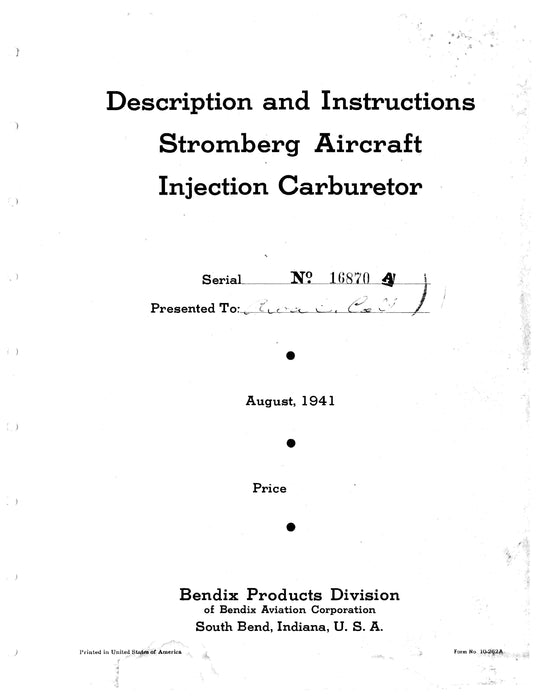 Bendix Stromberg Injector Carburetor PT-13 Description and Instructions Form No. 10-262A