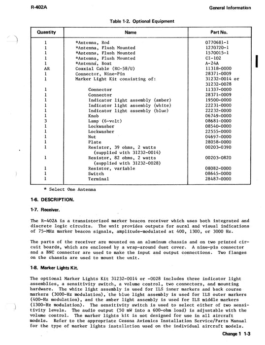 Cessna 400 Marker Beacon R-402A Maintenance and Parts Manual 7010374