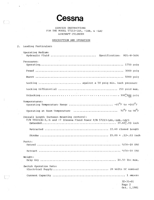 Cessna Aircraft Cylinder Model 57213-LAA, -LAB, &-LAC Service Instructions