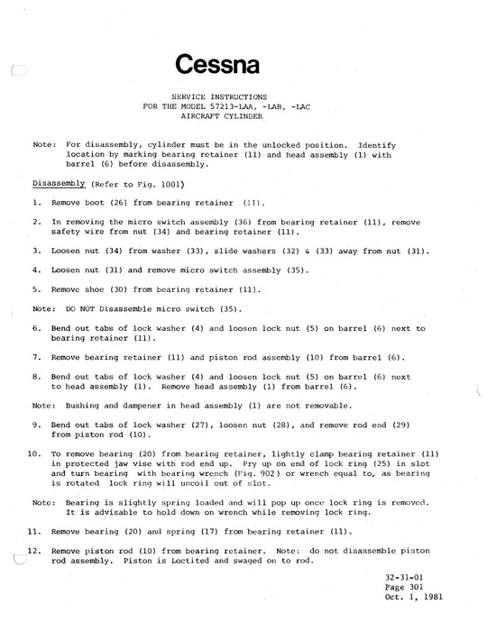 Cessna Aircraft Cylinder Model 57213-LAA, -LAB, &-LAC Service Instructions