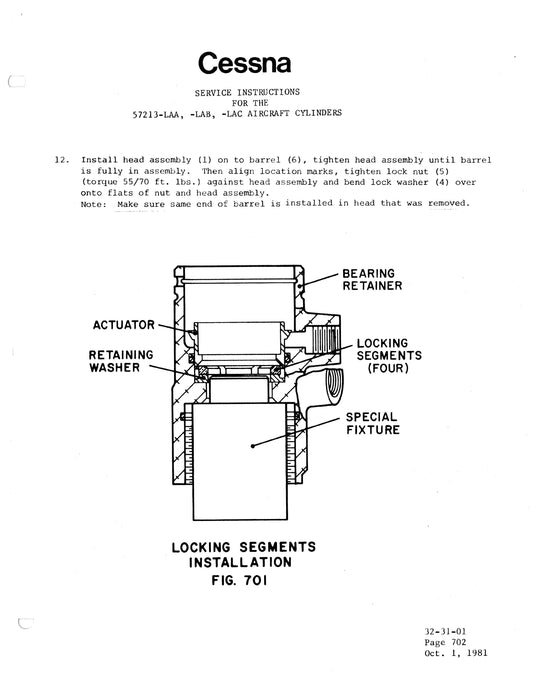 Cessna Aircraft Cylinder Model 57213-LAA, -LAB, &-LAC Service Instructions