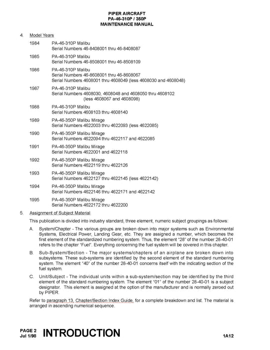 Piper PA46-310P Malibu, PA46-350P Mirage 1984-1995 Maintenance Manual (761-783)