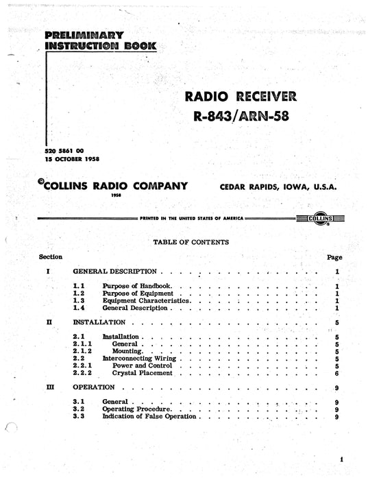 Collins R-843/ARN-58 1958 Preliminary Instruction Book (520-5861-00)