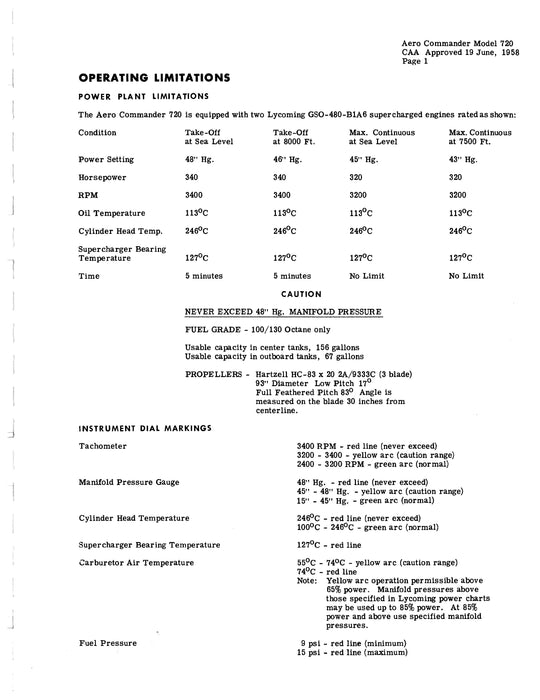 Aero Commander 720 Alti-Cruiser Flight Manual 1958